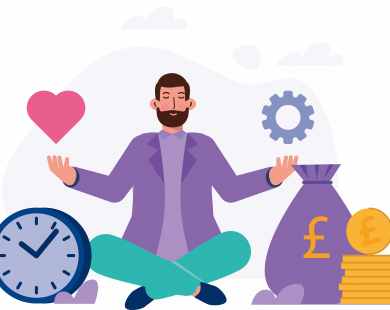 Person surrounded by images to reflect elements of life and finding balance